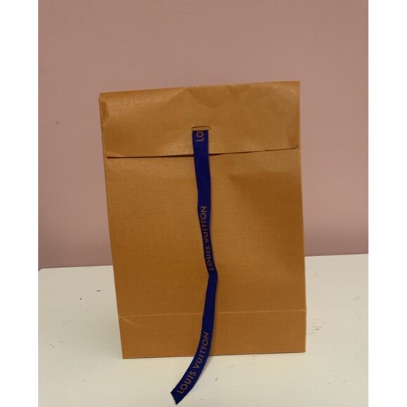 AuthenticLouis Vuitton Store Shopping Bag Orange Paper Blue Woven Ribbon Handles - Picture 3 of 5